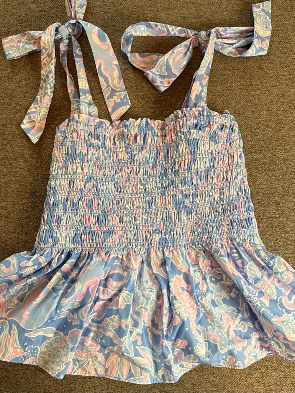 Lilly Pulitzer Rivera Smocked Peplum Top in Boca Blue Sea What I Sea Sz M Beach